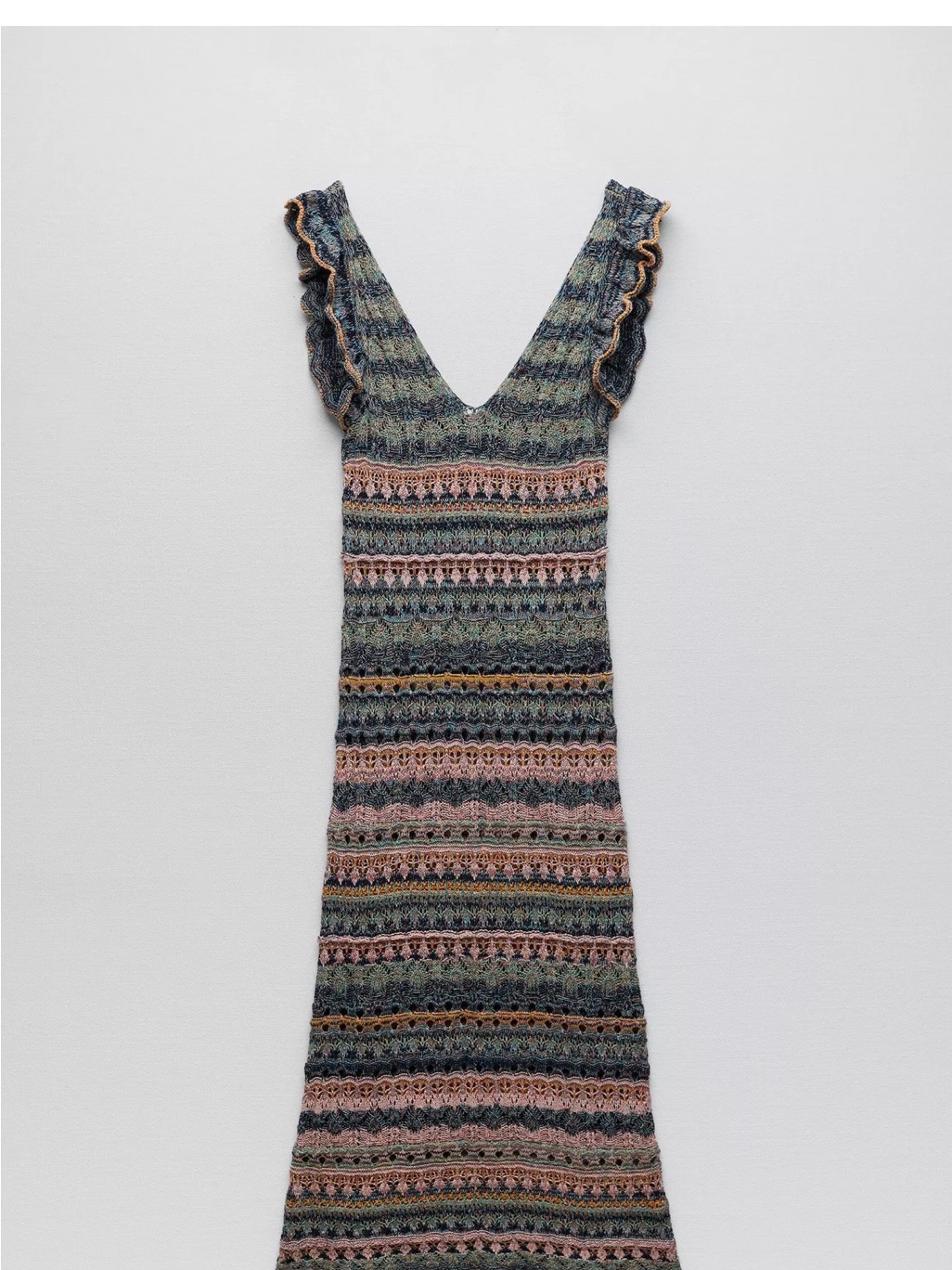Zara Striped Knit V-Neck Midi Dress In Green, Pink And Navy